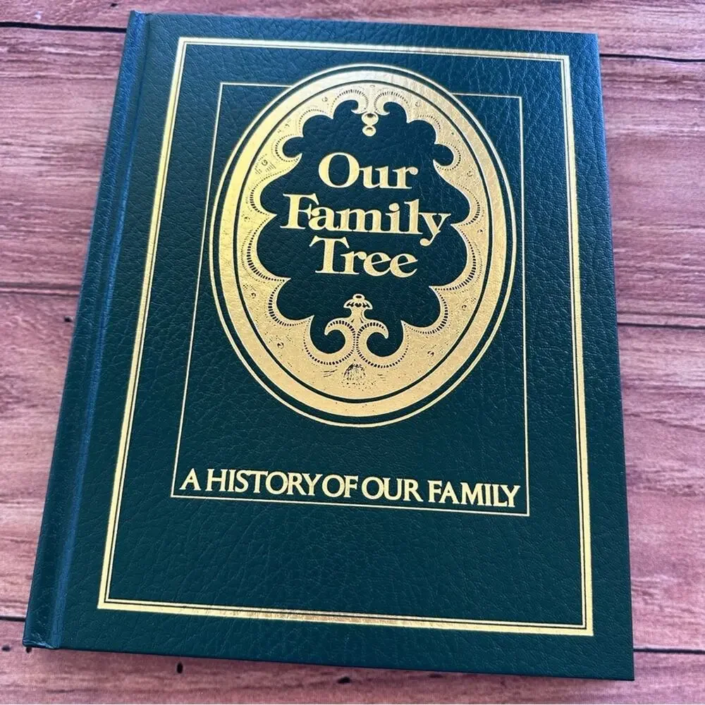 Vintage 70s blank leather bound and illustrated family tree and history journal